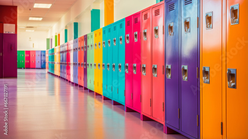 Row of colorful school lockers indoors
