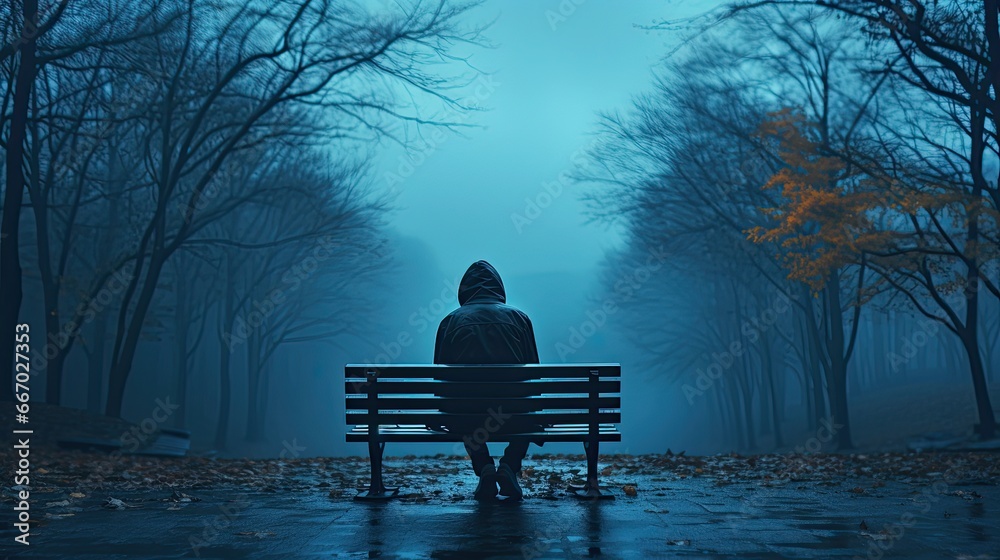 Lonely man sitting on a park bench - Blue Monday is the most depressing day of the year in January - obrazy, fototapety, plakaty 