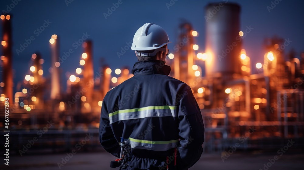 Industrial worker standing in front of a refinery plant during the night Industrial worker standing in front of a refinery plant during the night