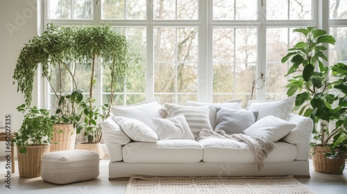 Modern living room interior with white sofa, plants, window and sunlight. Generative Ai. 