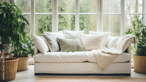 Modern living room interior with white sofa, plants, window and sunlight. Generative Ai. 