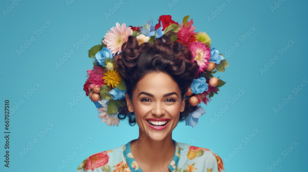 Bloom in Blue: A Radiant Hispanic Woman with a Delightful Floral Hairstyle, Perfectly Contrasted Against a Gentle Blue Pastel Backdrop. Bloom in Blue: A Radiant Hispanic Woman with a Delightful Floral Hairstyle, Perfectly Contrasted Against a Gentle Blue Pastel Backdrop.