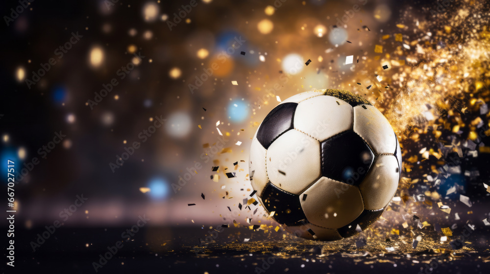 Soccer ball with falling confetti, conception of victory