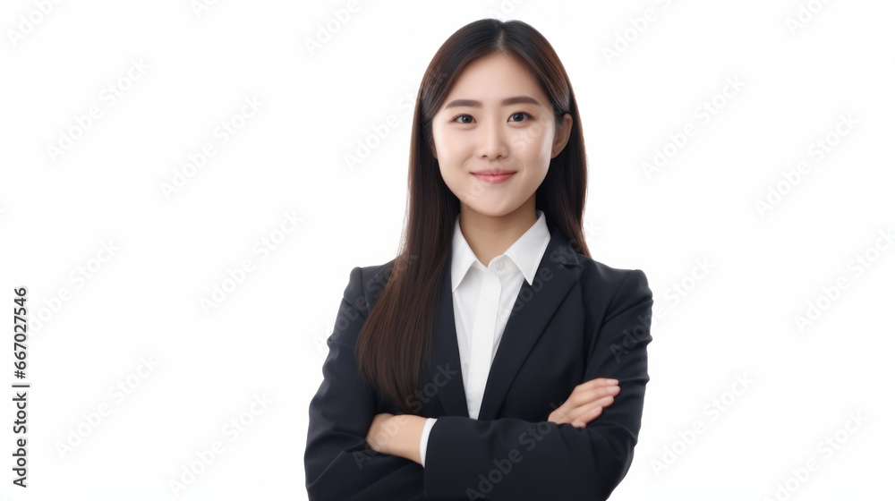 Confident Elegance: A Radiant Young Asian Businesswoman, Exuding Positivity and Poise in a Sleek Black Suit, Arms Crossed Against a Pristine White Backdrop. Confident Elegance: A Radiant Young Asian Businesswoman, Exuding Positivity and Poise in a Sleek Black Suit, Arms Crossed Against a Pristine White Backdrop.