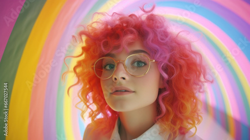 Vibrant Glimpse: Adorable Young Girl with Curly Multi-Colored Hair and Glasses, Standing Out Against a Mesmerizing Tunnel of Rainbow Hues.