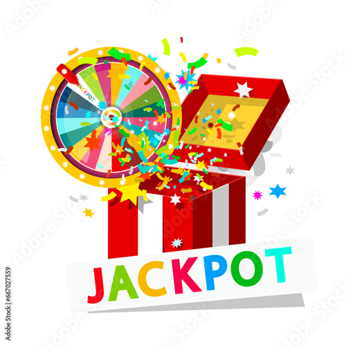 Jackpot open box with wheel of fortune and confetti vector cartoon