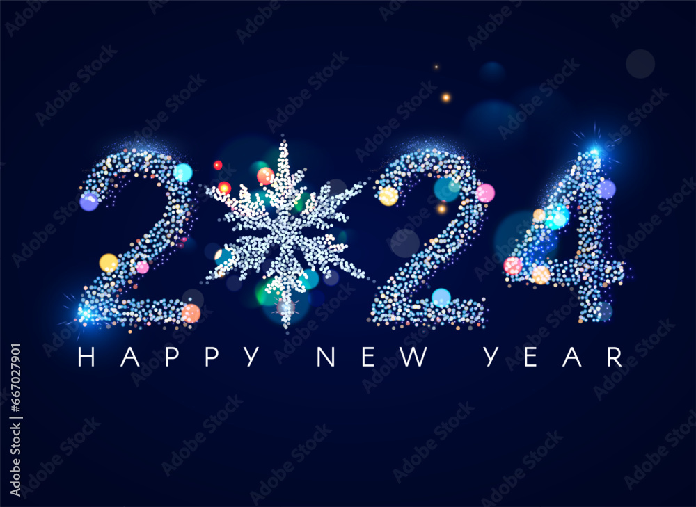 Happy New 2024 Year poster template with snowflake and bokeh light effects.
