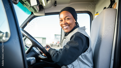 Professional african american middle aged woman truck driver in casual clothes driving truck vehicle going for a long transportation route. 