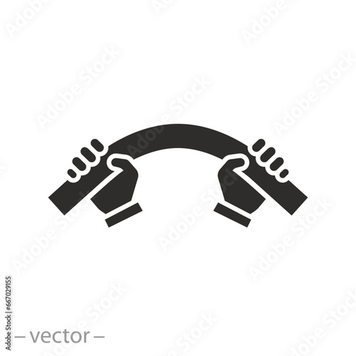 icon of pipe bend in hands, tube bending, flat symbol on white background - vector illustration