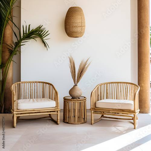 Beach Club Vibes: Bamboo Chairs and Coffee Table for Two, Generative AI