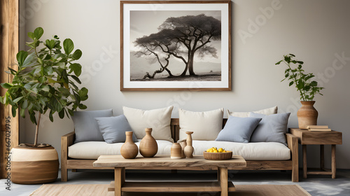 Rustic aged sofa, weathered old coffee table and houseplant in clay pots against wall with poster frame. Scandinavian home interior design of modern living room