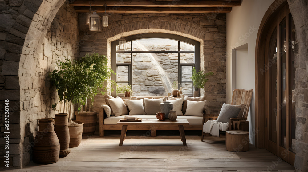 Rustic boho interior design of modern entrance hall with arched doorway. Stone cladding wall and timber beam ceiling in country house hallway Rustic boho interior design of modern entrance hall with arched doorway. Stone cladding wall and timber beam ceiling in country house hallway