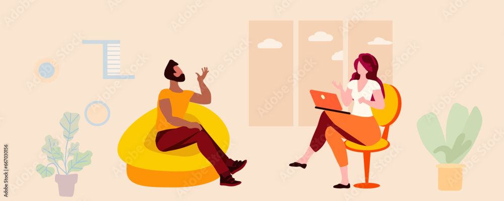 Woman discussing with man in room with window, vector illustration Woman discussing with man in room with window, vector illustration