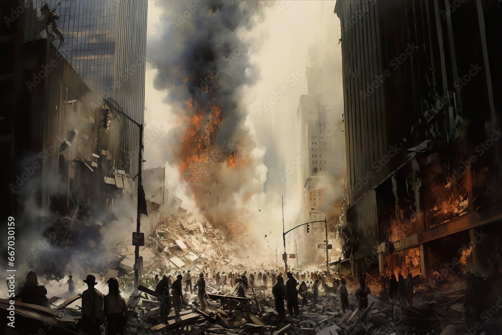 cityscape crumbles as a financial district high-rise topples, symbolic of an economic collapse, with panicked people fleeing the destruction amidst falling debris and billowing smoke