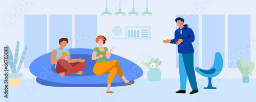 Married couple and friend together in living room, Married couple and friend together in living room, flat vector illustration