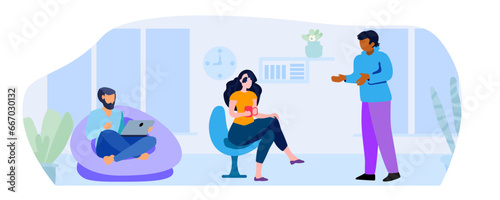 Cartoon young people sit in armchairs in the interior of the home living room. сartoon flat vector illustration