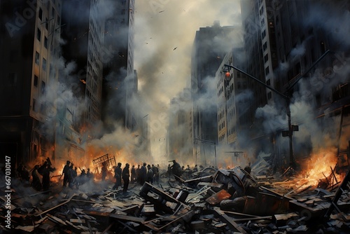 cityscape crumbles as a financial district high-rise topples, symbolic of an economic collapse, with panicked people fleeing the destruction amidst falling debris and billowing smoke photo