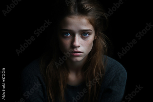 Sad looking girl in front of black background