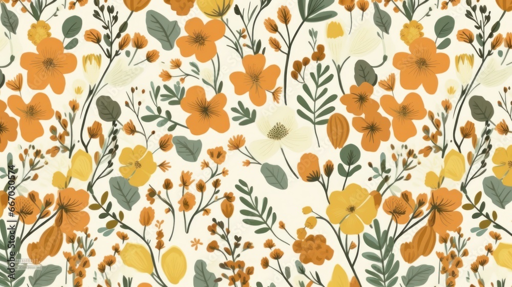 Floral pattern with delicate, minimalist flower outlines in soft hues. AI generated