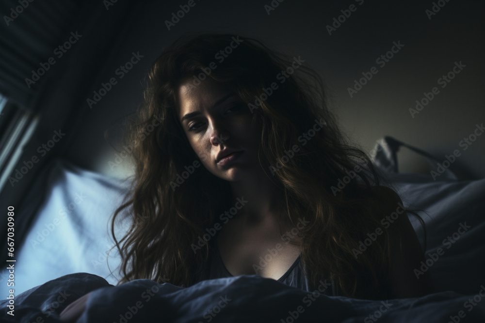 Sad girl in bed, backlit scene, Desaturated image Sad girl in bed, backlit scene, Desaturated image