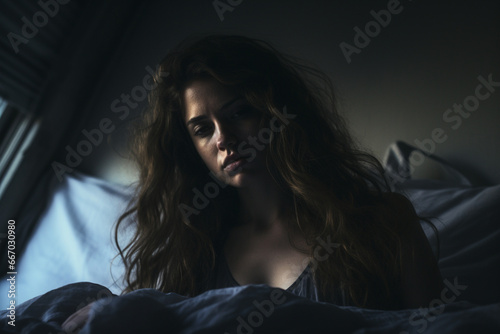 Sad girl in bed, backlit scene, Desaturated image