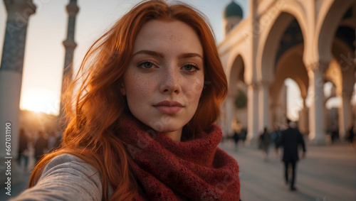 Wallpaper Mural a young red-haired girl in Istanbul is taking a selfie Torontodigital.ca