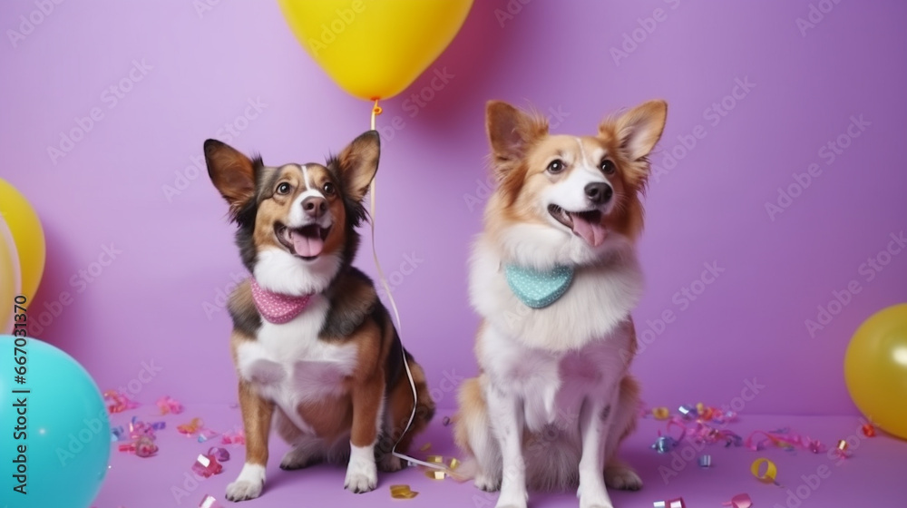 Dogs on a festive background with balloons. AI Generated