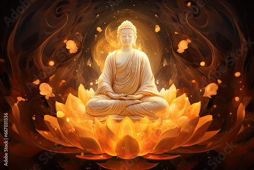 Glowing buddha statue decorated with lotuses flowers