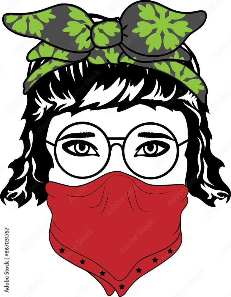 Fototapeta premium Women with Messy Bun Bandana Clipart mom life Woman's face Middle finger