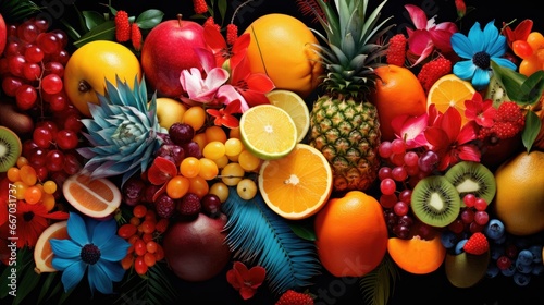  a bunch of different fruits and vegetables are grouped together on a black background. generative ai