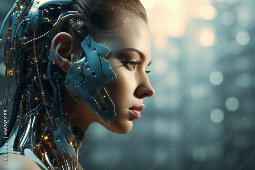 Robot and young woman face to face, Robot and young woman face to face,