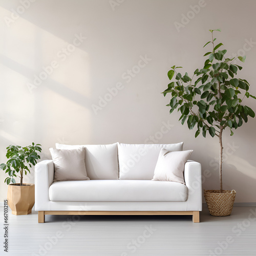 Minimalistic Modern Living Room: White Linen Sofa, Plant, and Simple Decor, Generative AI