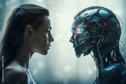 Robot and young woman face to face,