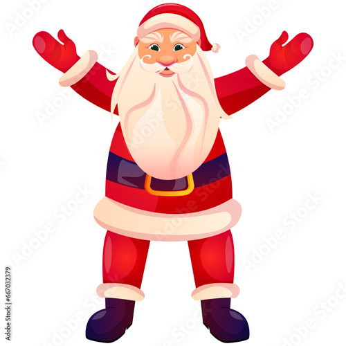 Santa Claus with red hat,beard, waving and friendly gestures. Cartoon vector illustration. Merry Christmas, Happy new Year, Winter holidays concept for greeting card, banner