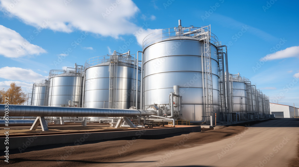A biofuel processing facility with tanks and equipment, renewable energy sources, blurred background, with copy space A biofuel processing facility with tanks and equipment, renewable energy sources, blurred background, with copy space