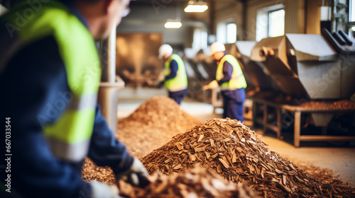 Workers in a biomass power plant feeding organic materials into the furnace, renewable energy sources, blurred background, with copy space