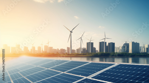 A sustainable city skyline with solar panels on rooftops and wind turbines in the distance, renewable energy sources, blurred background, with copy space