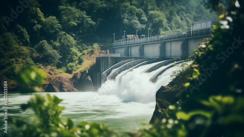 A hydropower plant in a lush natural setting, harnessing the power of a river, renewable energy sources, blurred background, with copy space