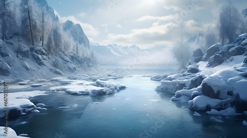 Ethereal Winter Wonderland: Icy River and Enormous Mountains in Gentle Sunlight