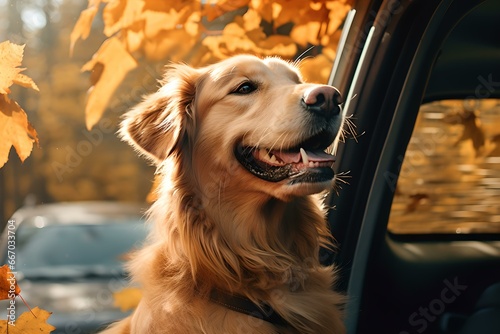 Herbstliche Hundeglück: Glücklicher Hund schaut aus Autofenster