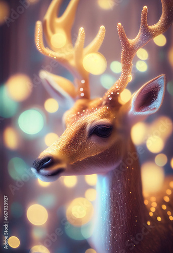 Deer close-up against the background of lights and decorations during Christmas. AI Generated ©  iiulia