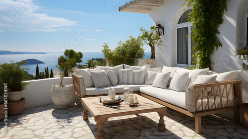 Rustic lounge sofa and coffee table on white stone terrace. Traditional mediterranean architecture. Summer background with sea view.