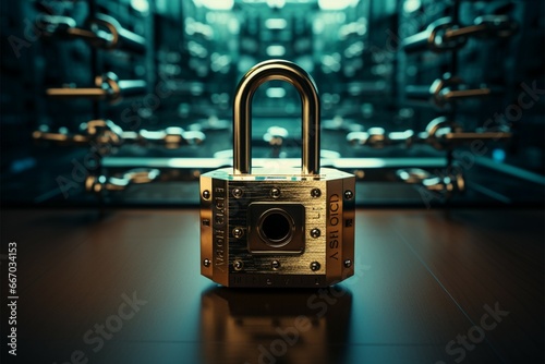 A computer framed by a padlock, representing data protection measures