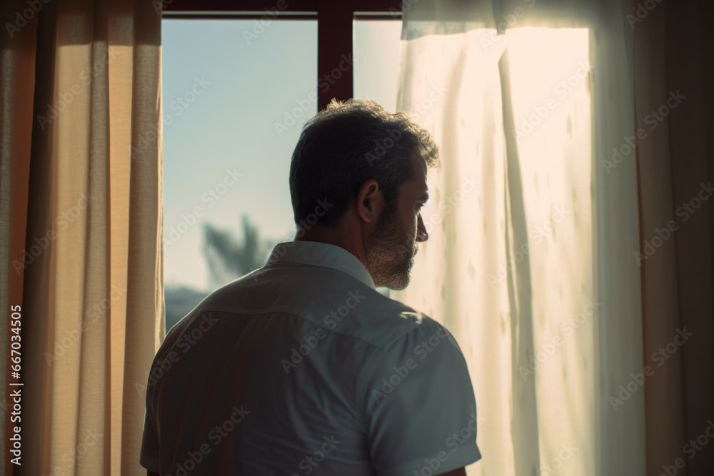 Rear view of adult man standing beside window with sunlight and shadow Rear view of adult man standing beside window with sunlight and shadow