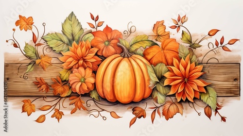 wooden sign with scarecrow pumpkin leaves flowers watercolor
