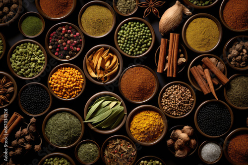 many different types of spices in various bowls