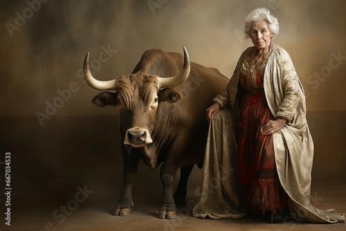 Persistent Bullfighter old woman bull. Matador fight. Generate Ai
