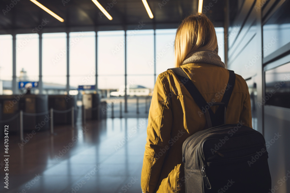 Rear view of a woman at the airport holding a passport with a boarding pass as she walks to her departure gate Rear view of a woman at the airport holding a passport with a boarding pass as she walks to her departure gate