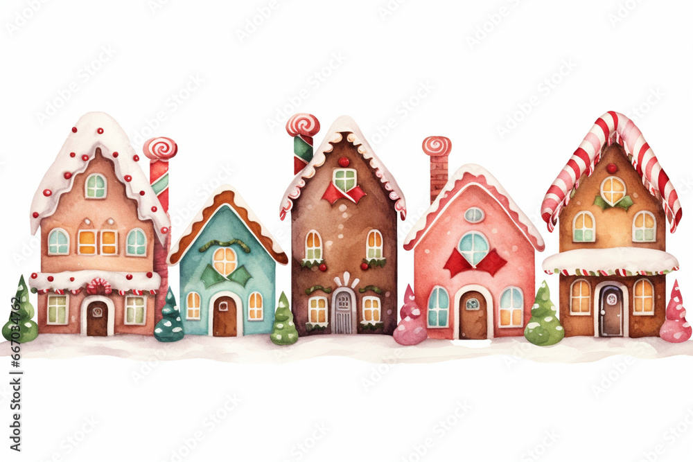 Gingerbread village with multiple houses, candy canes, and icing details, watercolor style, white background
