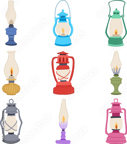 kerosene lamp set cartoon. light ancient, metal glass, flame fire kerosene lamp sign. isolated symbol vector illustration